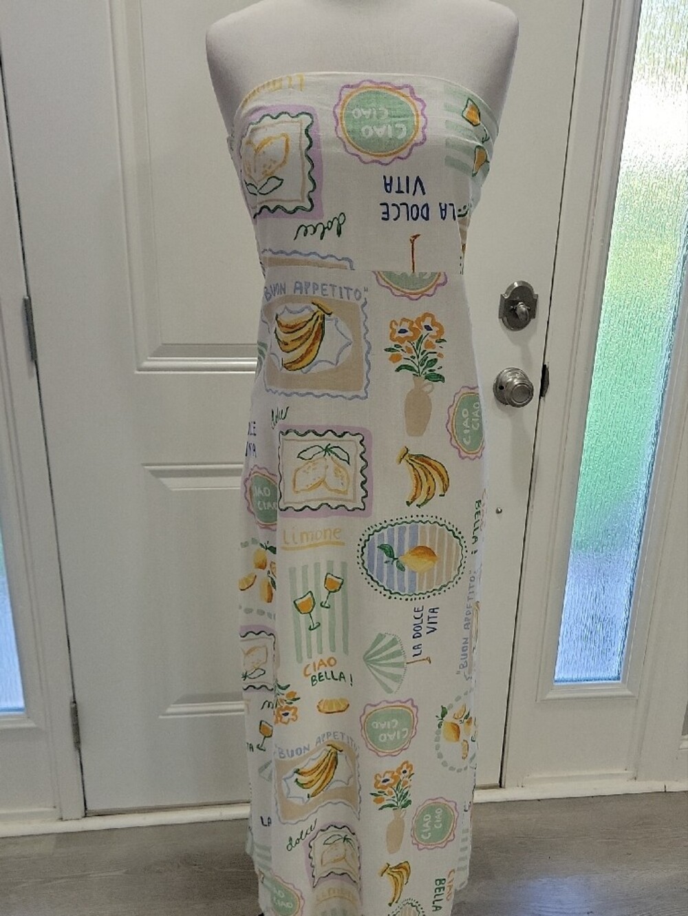 Strapless Linen Blend Pastel Print Maxi Dress - White & Yellow - Picture 3 of 10